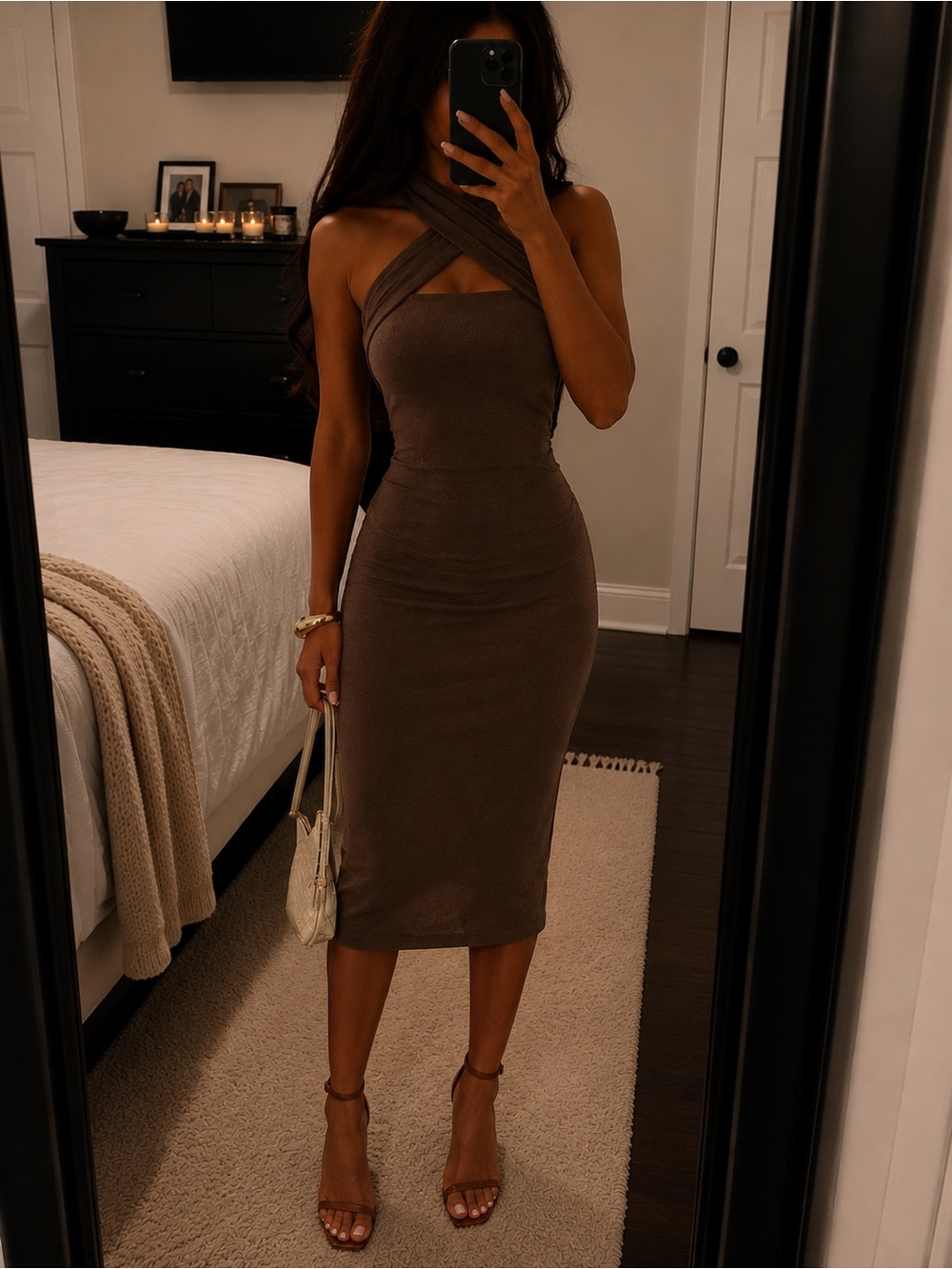 Fashion Nova Brown Cross-Front Sleeveless Midi Dress